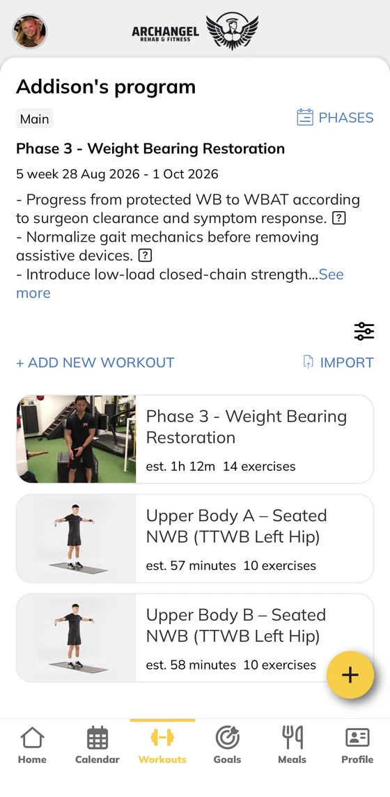 The Archangel app home screen, showing the day's nutrition targets and a completed workout